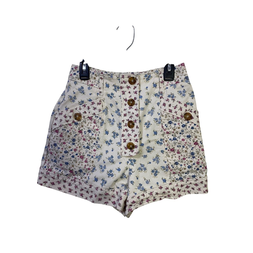 Sezane Nathan Floral High Waisted Button Fly Denim Shorts Cream Size 34 US 2